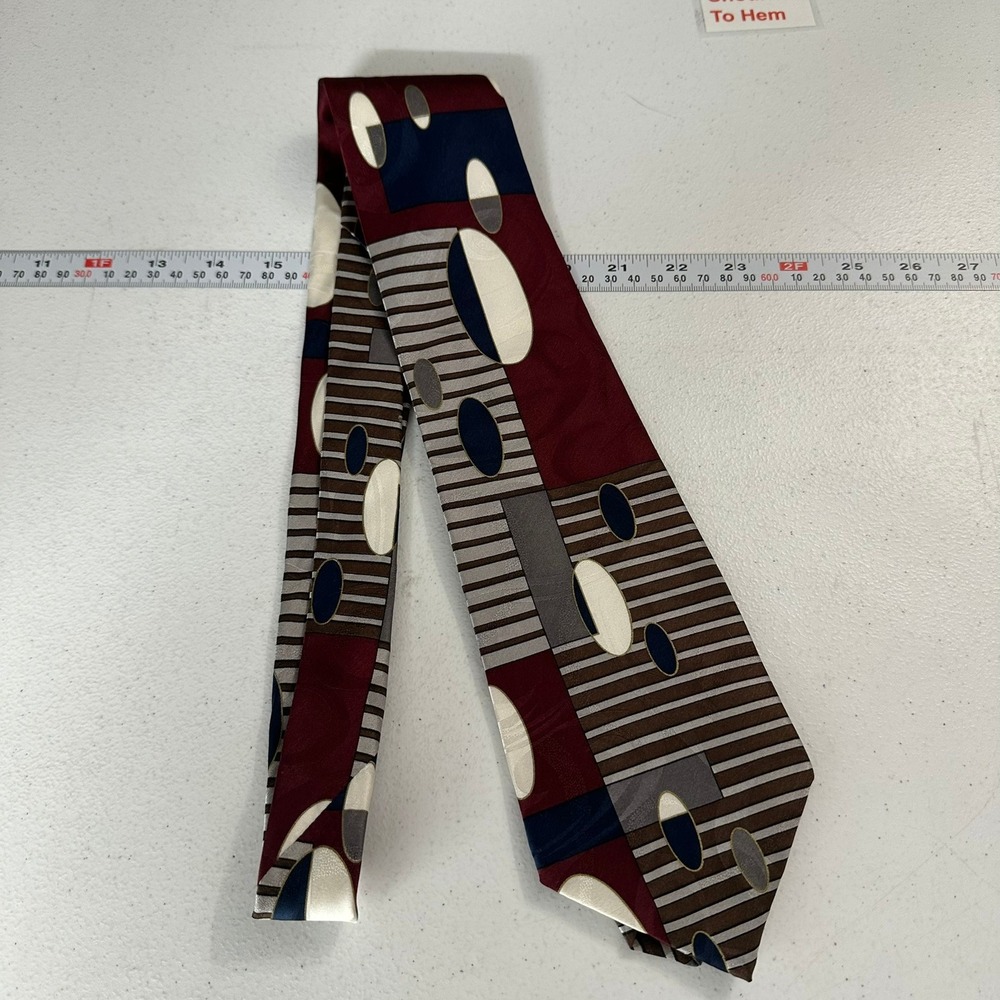 Milano Mens Silk Tie Burgundy Navy Blue Geometric Abstract Striped Made in USA